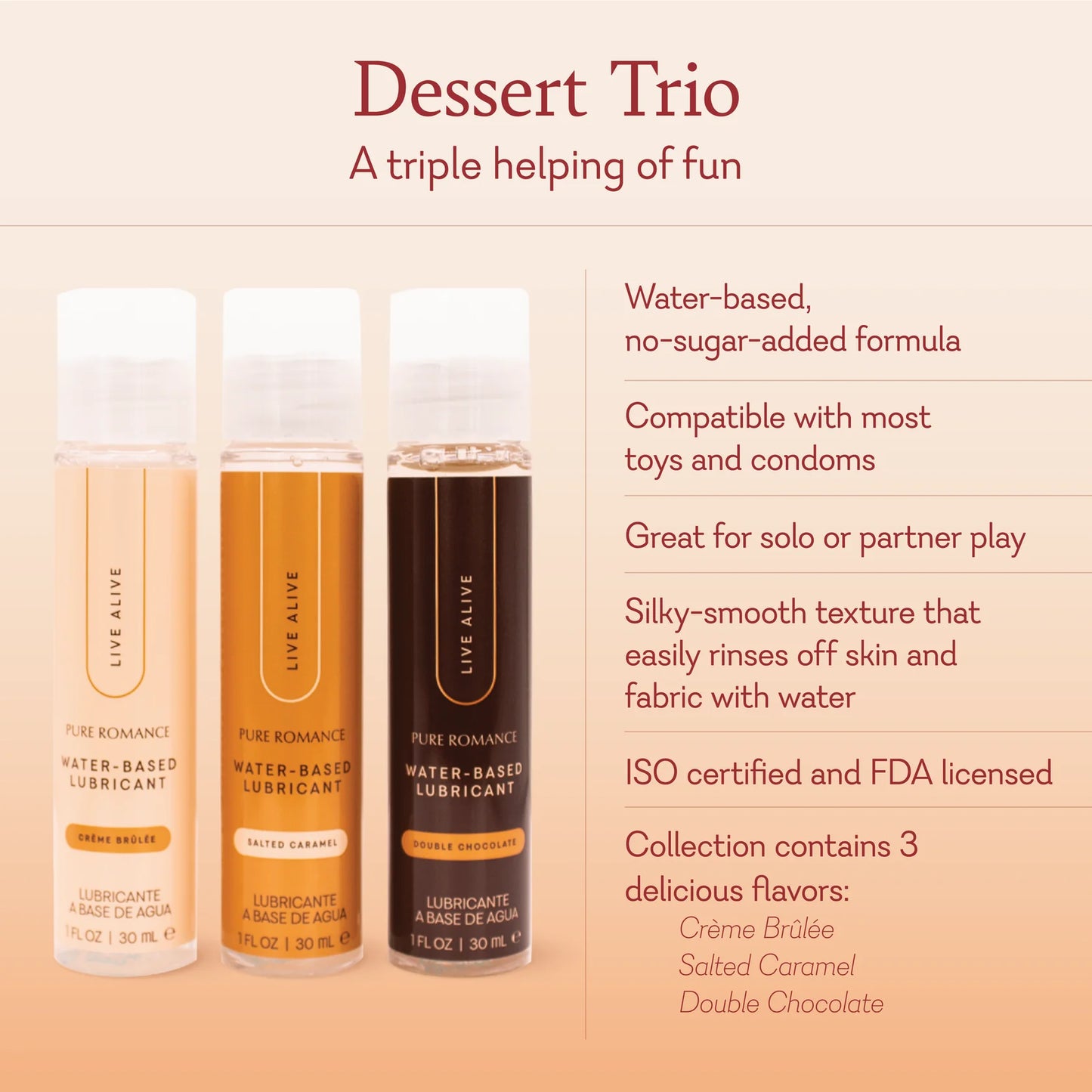 Desert Trio - Double Chocolate, Crème Brûlée, & Salted Caramel. Just Like Me Dessert Lubricant - 10 LEFT!