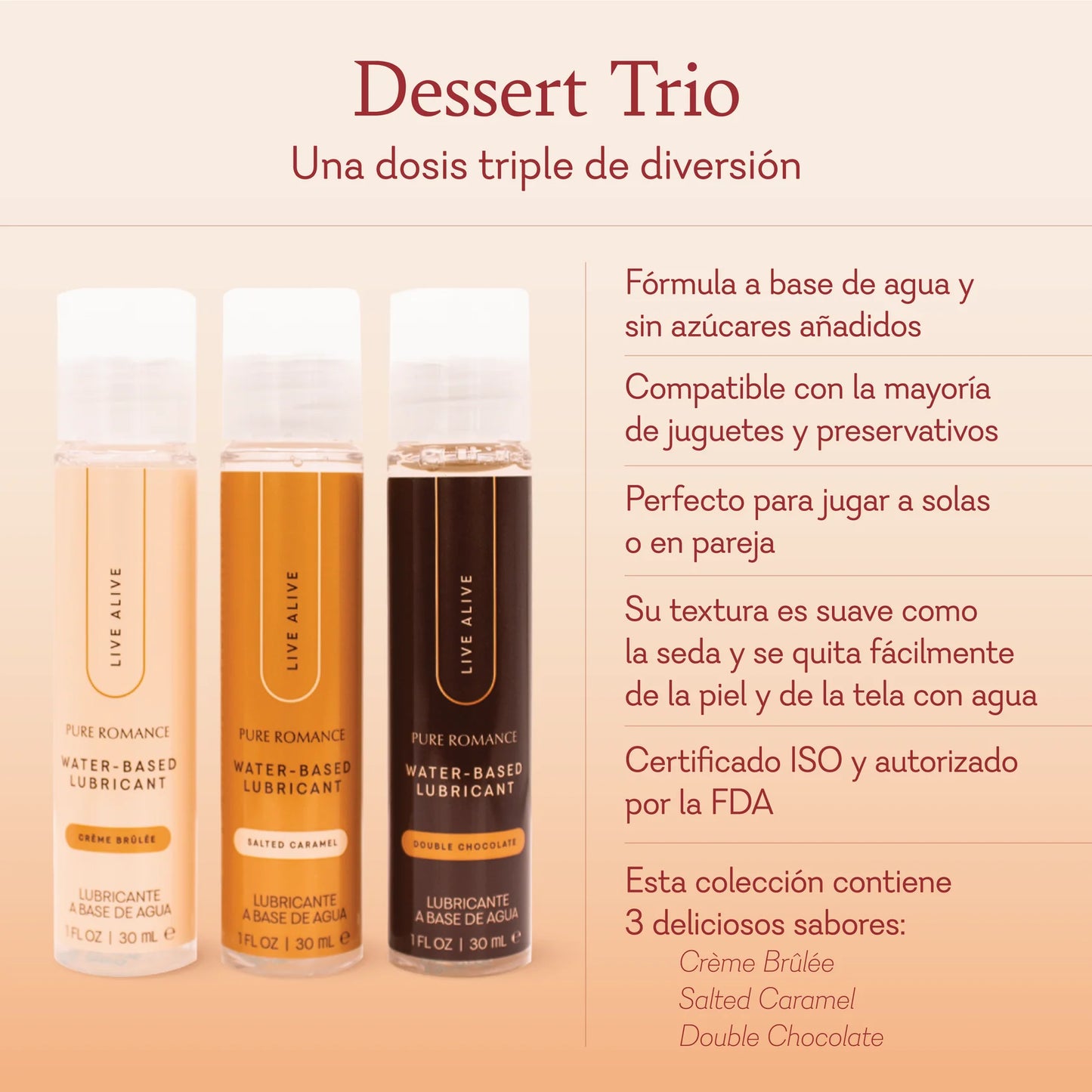 Desert Trio - Double Chocolate, Crème Brûlée, & Salted Caramel. Just Like Me Dessert Lubricant - 10 LEFT!