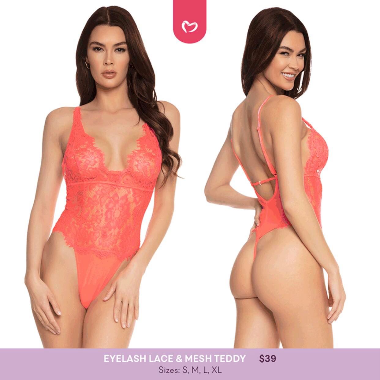 Neon Coral Eyelash Lace & Mesh Teddy - 3 LEFT!