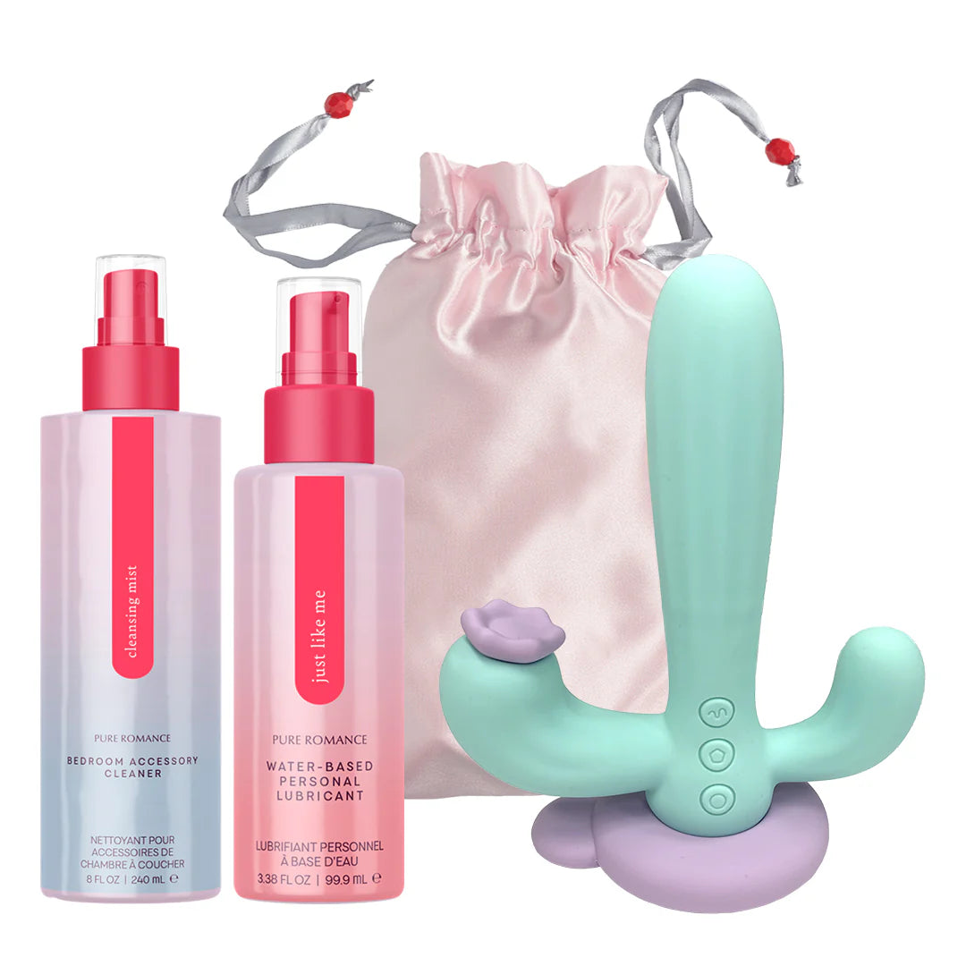 Rodeo Romance sex toy bundle from Pure Romance featuring wild wild west vibrator just like me original lubricant adult toy cleaner cleansing mist and toy tote pink